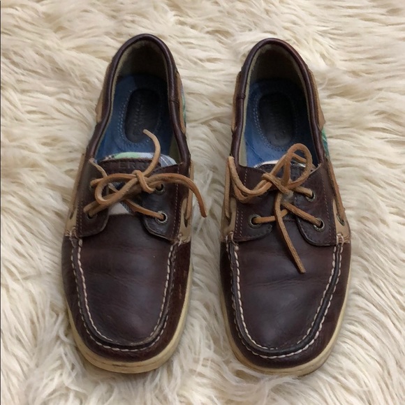 SPERRY green plaid dark leather boat shoes - Picture 2 of 9